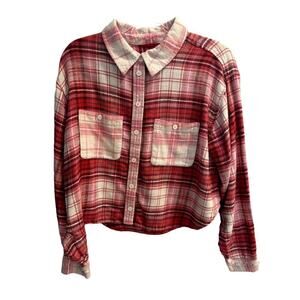 American Eagle Extra Small XS Pink Red Flannel Cropped Shirt Button Up